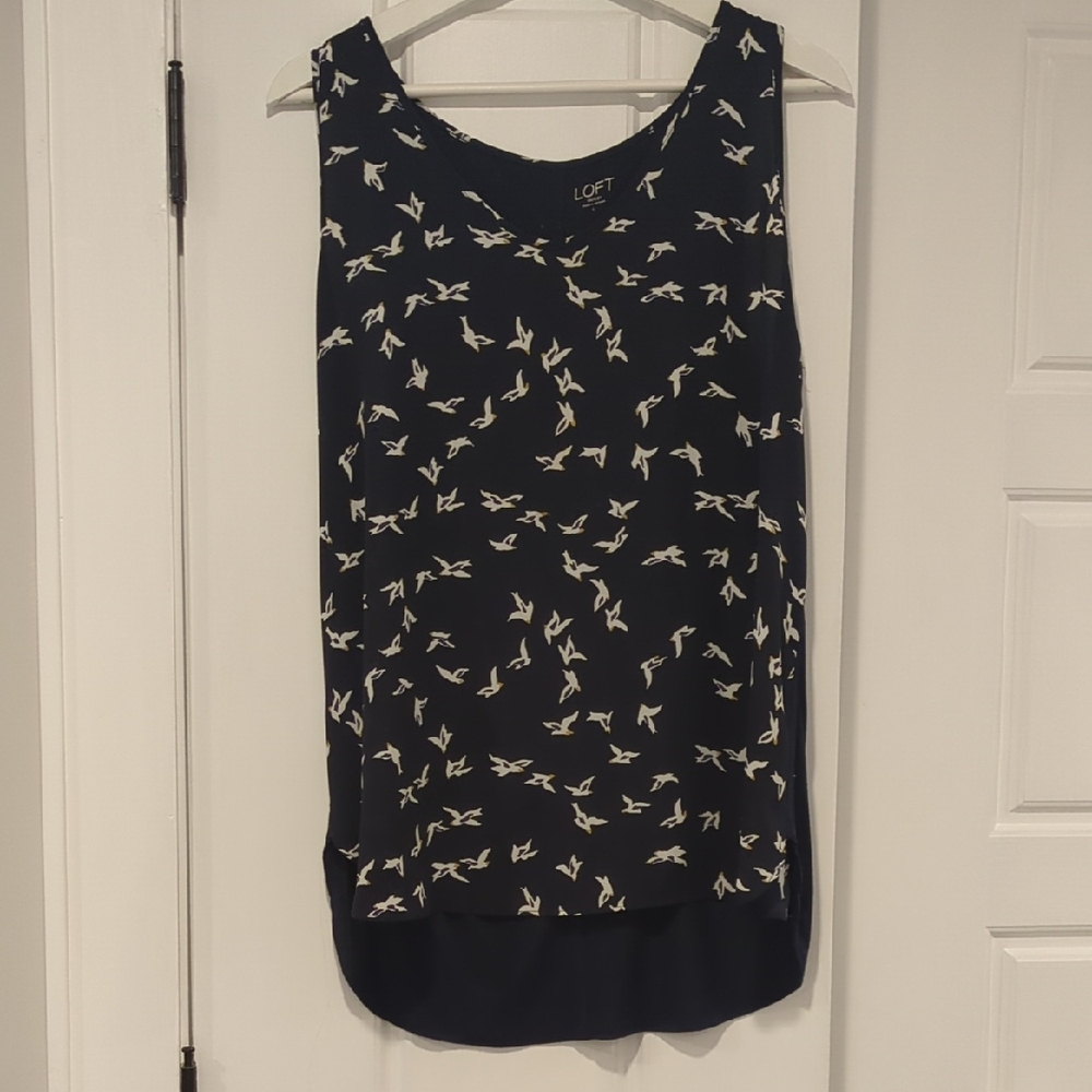 LOFT Navy Bird Print Sleeveless Blouse